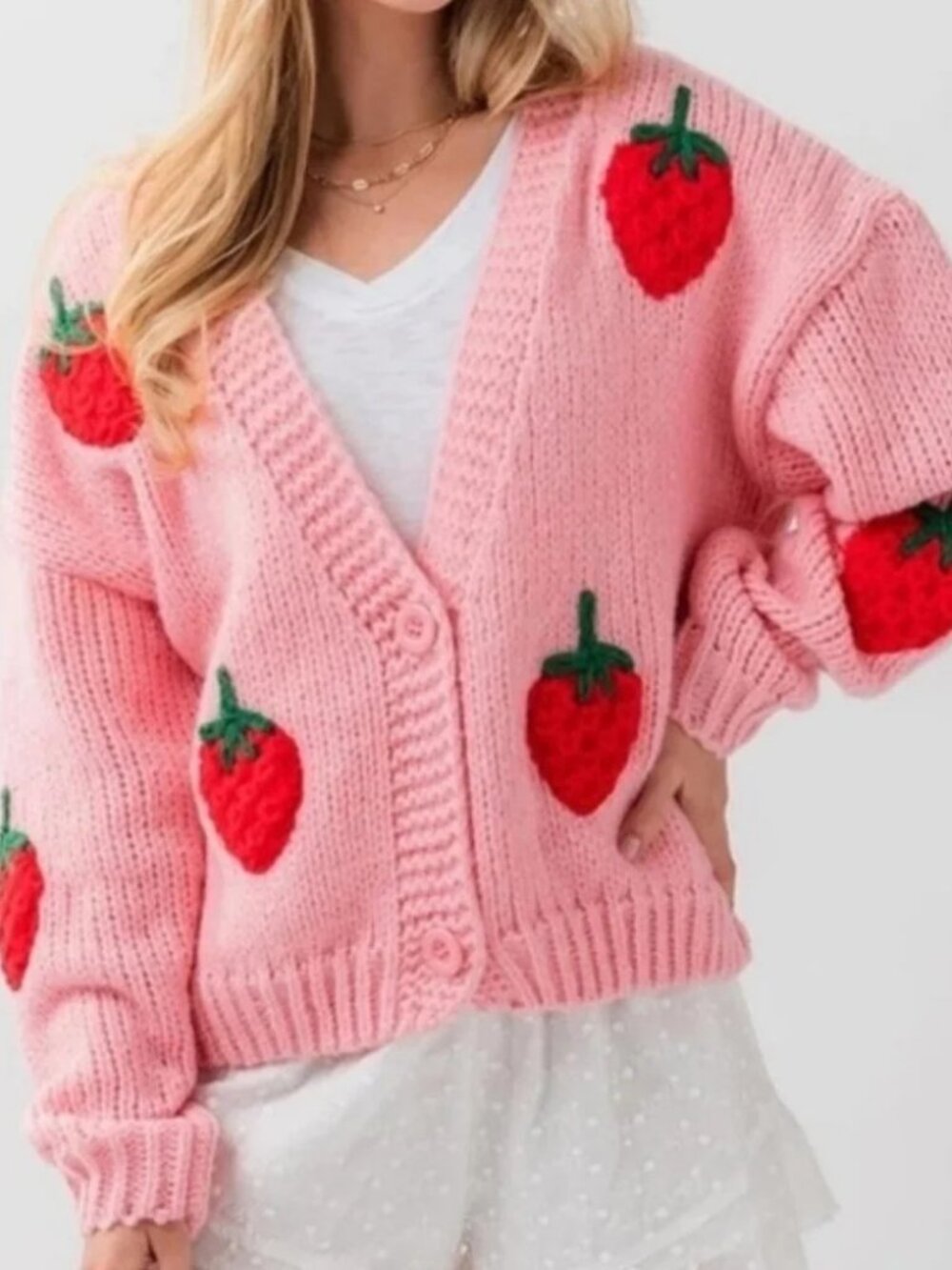 Dreamers by Debut 3D Pink & Red Strawberry Chunky Cardigan Sweater ** Size M/L